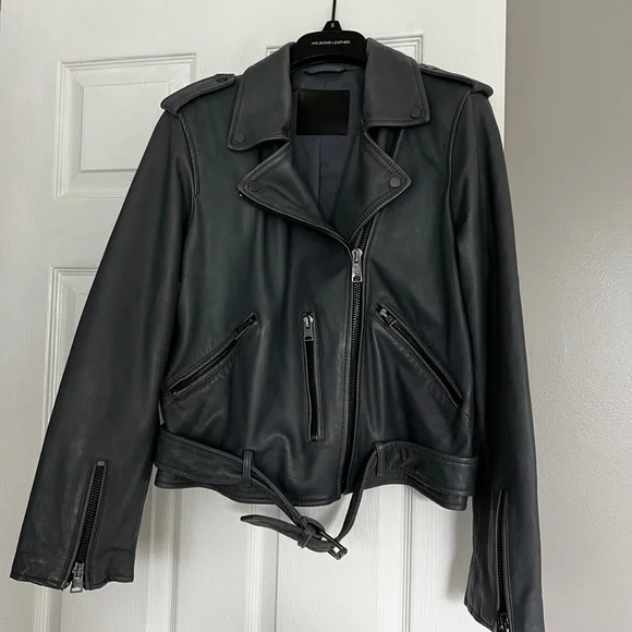 All Saints Balfern Slate Blue Leather Jacket size US 10 - Picture 2 of 6